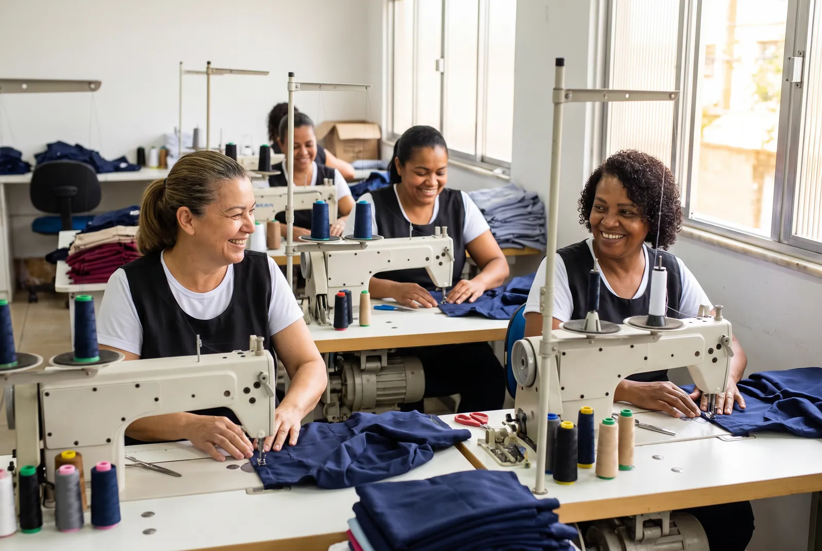 Costureiras de avental costurando camisas de uniforme azul-marinho no ateliê