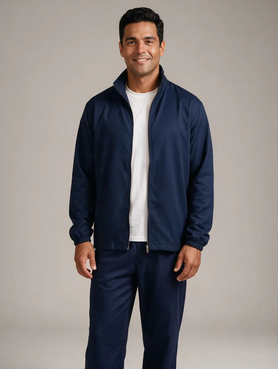 Homem com jaqueta azul-marinho com zíper sobre camiseta branca