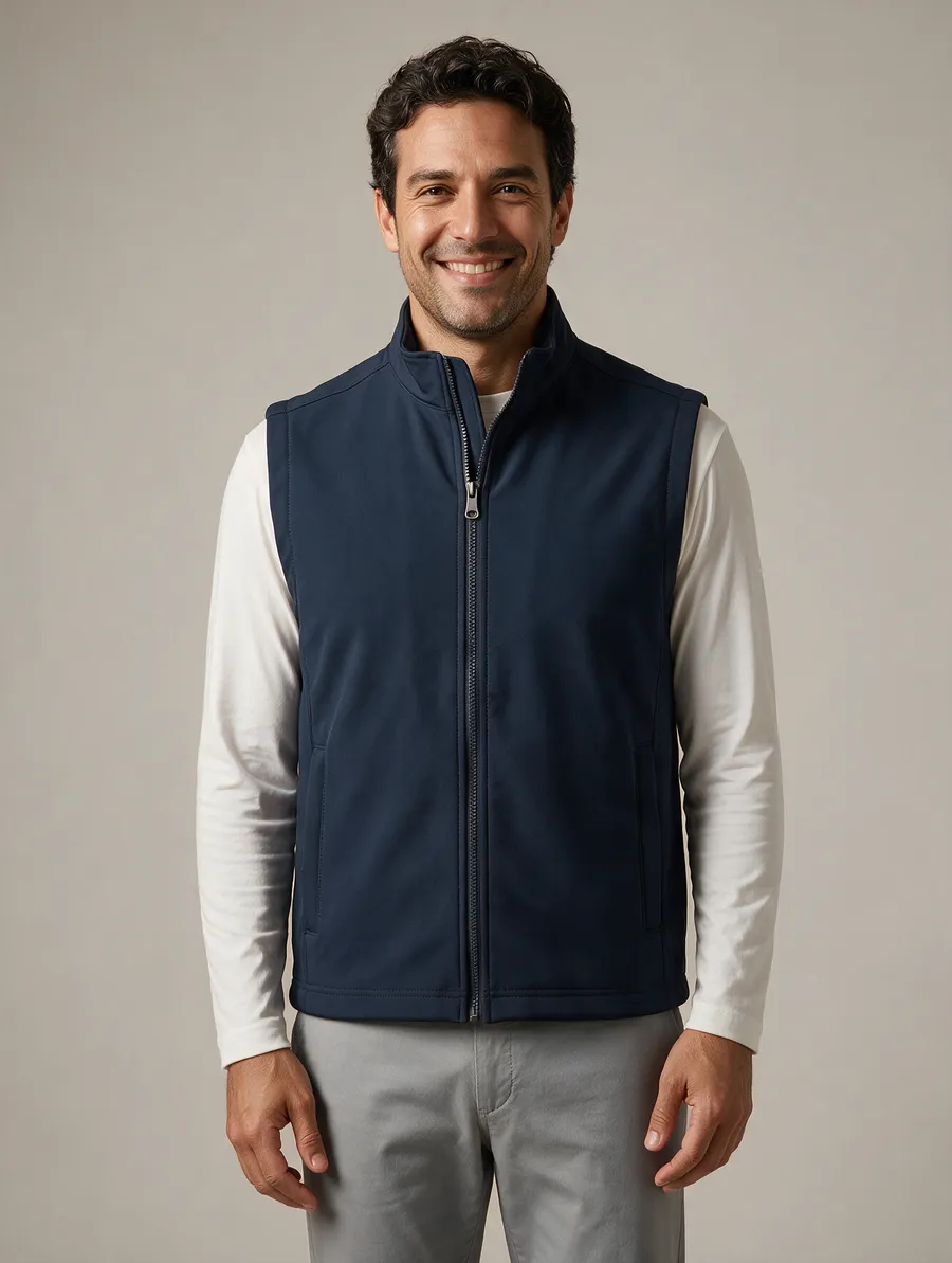 Homem com colete azul-marinho com zíper sobre camiseta branca de manga longa
