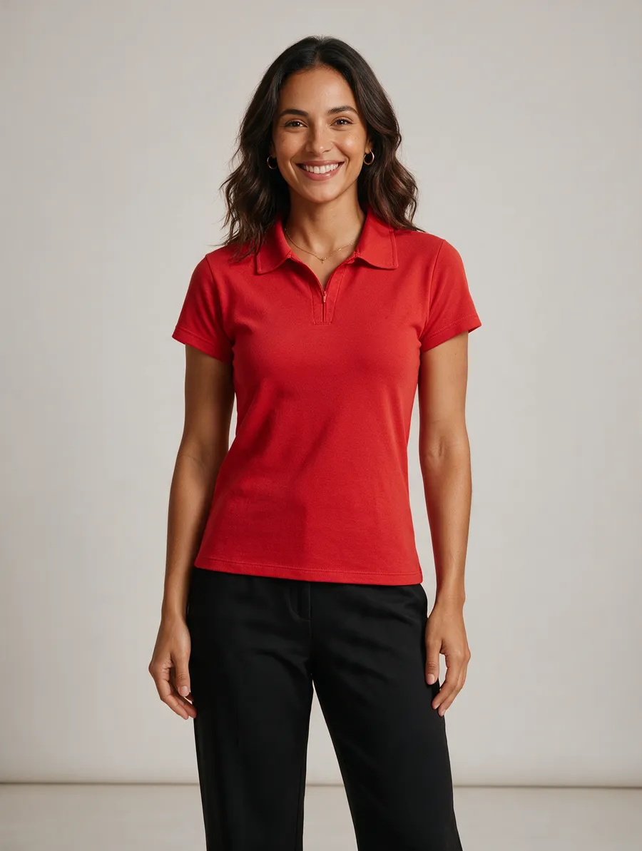 Mulher com camisa polo baby look vermelha e calça preta