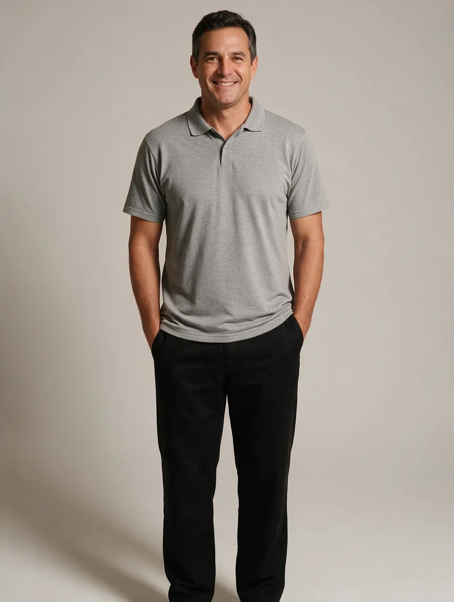 Homem com camisa polo cinza e calça preta