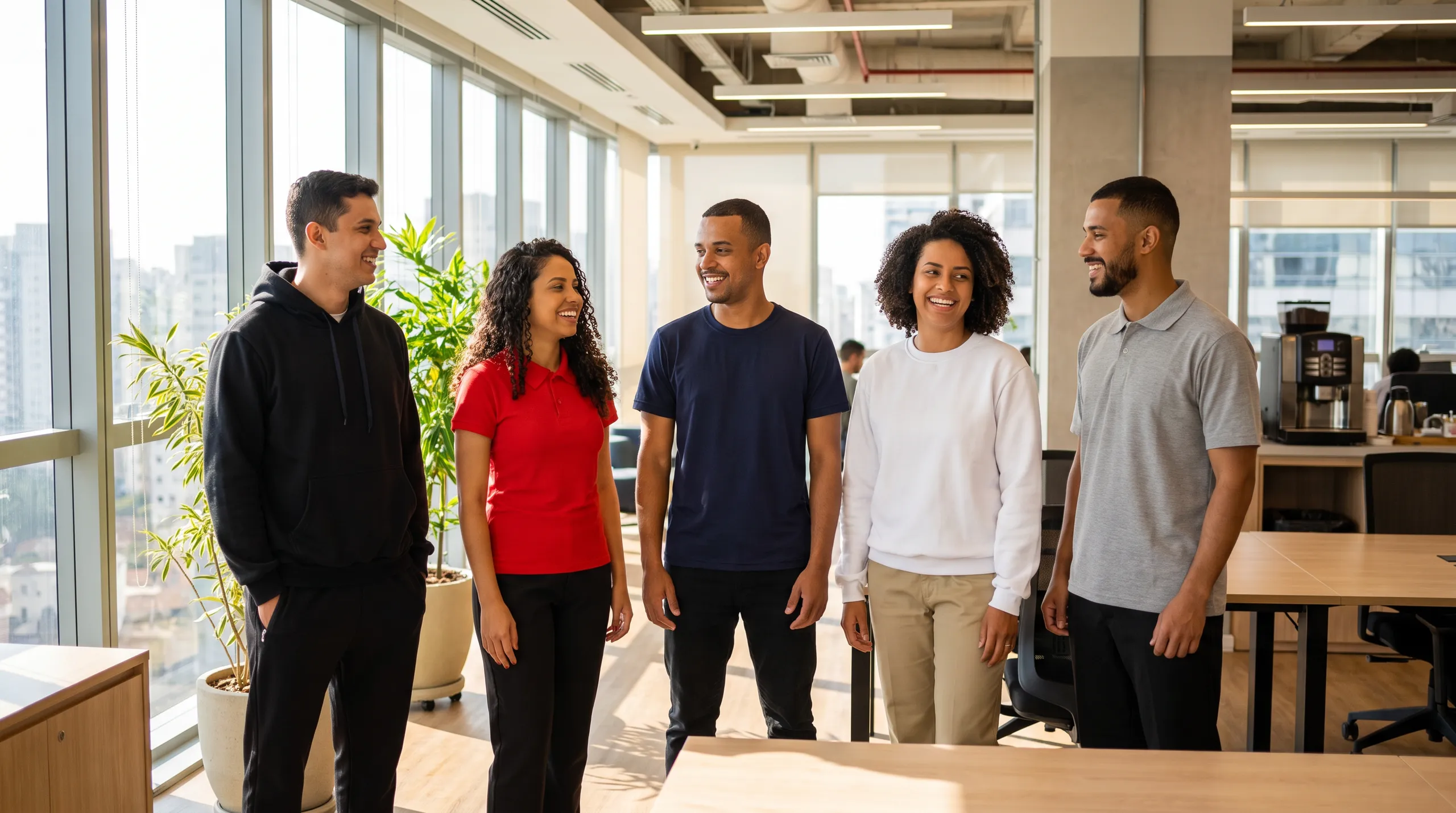 Equipe de cinco pessoas com uniformes básicos: moletom canguru, camisa polo baby look, camiseta, blusão de moletom e camisa polo