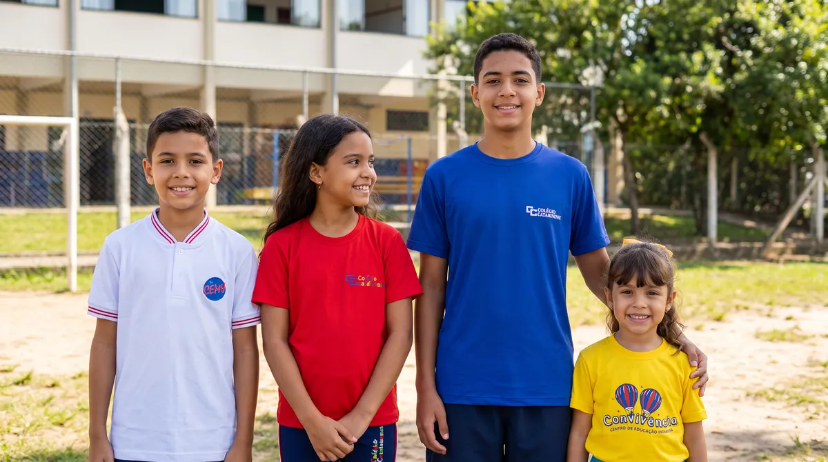 Quatro alunos, cada um com o uniforme de uma escola atendida pela Andra