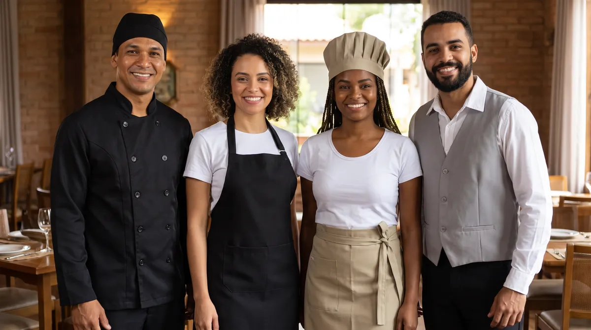 Equipe de restaurante uniformizada no salão