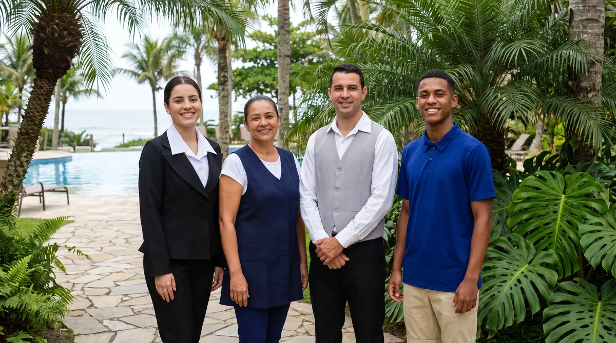 Equipe de hotel uniformizada à beira da piscina: recepção, governança, restaurante e áreas externas