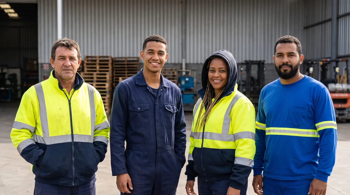 Equipe industrial uniformizada no pátio de um galpão
