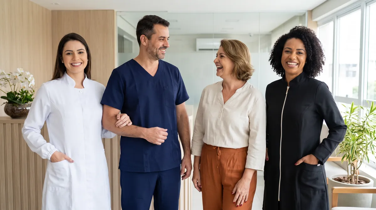Equipe de clínica uniformizada: jaleco branco, scrub, linho e jaleco preto