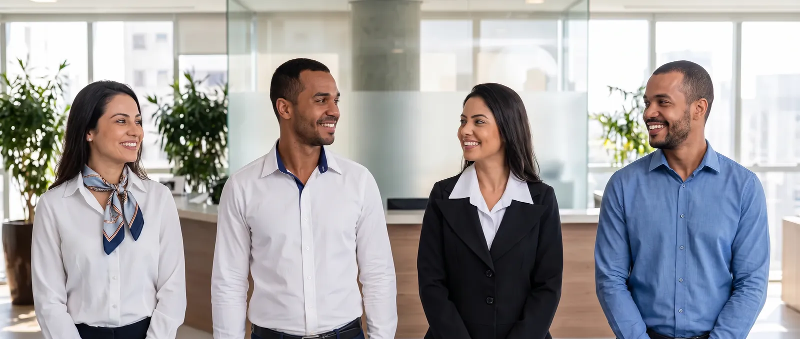 Equipe de recepção com uniforme social: camisa com lenço, camisa branca, blazer e camisa azul