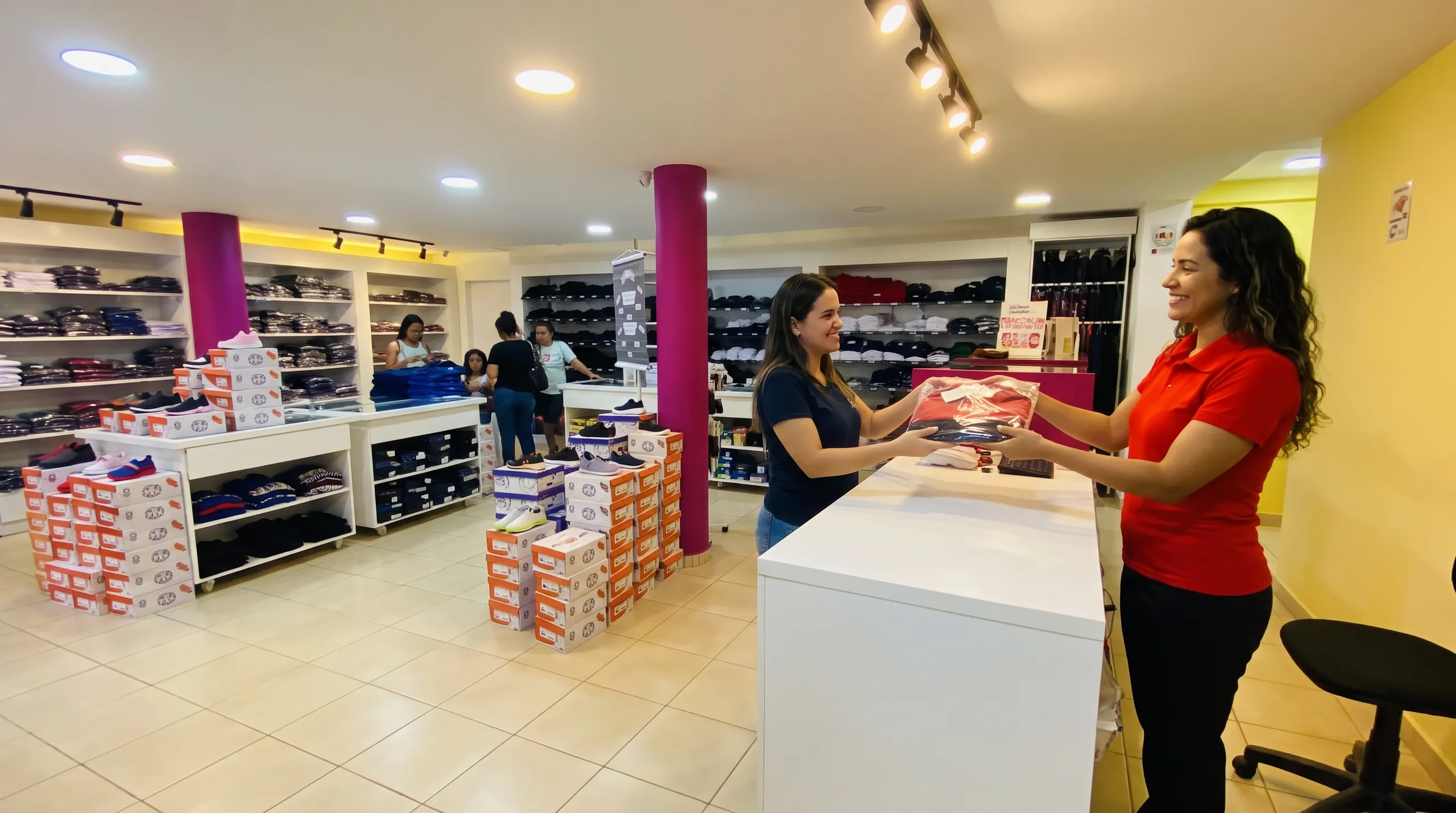 Atendente da Andra entregando um uniforme a uma cliente no balcão da loja