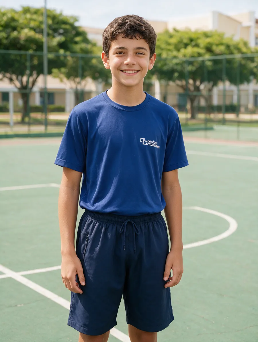 Adolescente com camiseta dry fit azul royal e bermuda de tactel do Colégio Catarinense