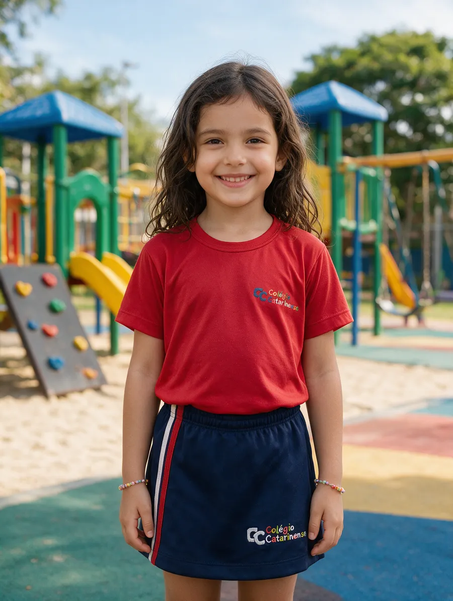 Menina com camiseta dry fit vermelha e short-saia azul-marinho do Colégio Catarinense Infantil