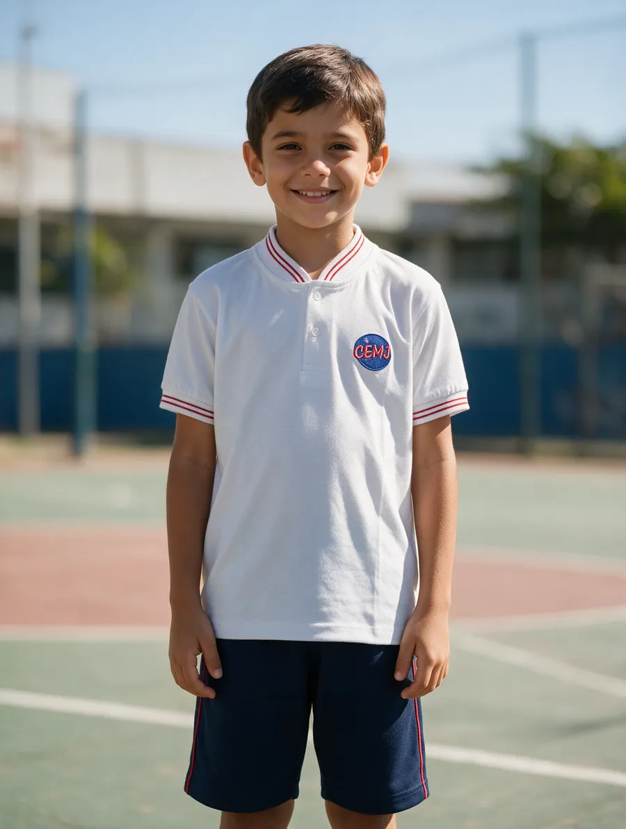Menino com camisa polo branca e bermuda azul-marinho do CEMJ