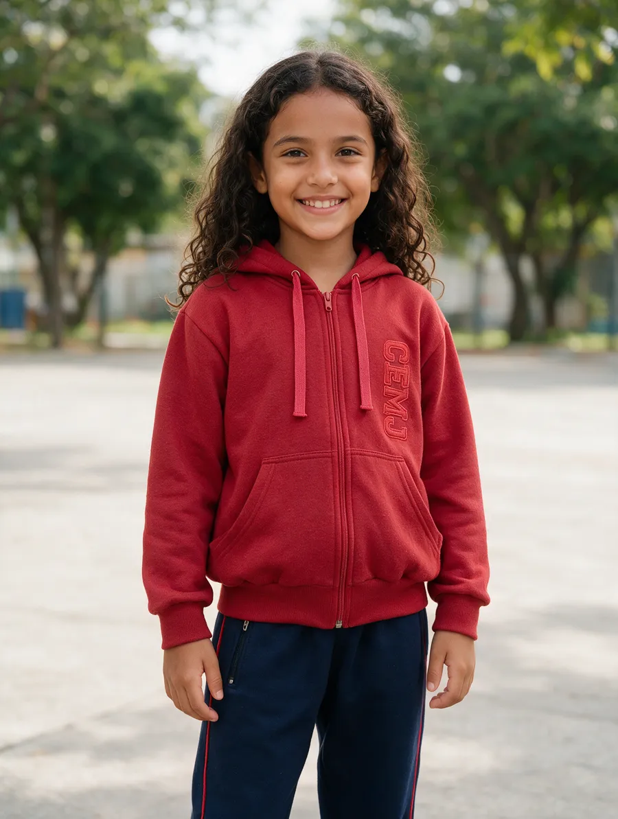 Menina com moletom vermelho com zíper e calça azul-marinho do CEMJ