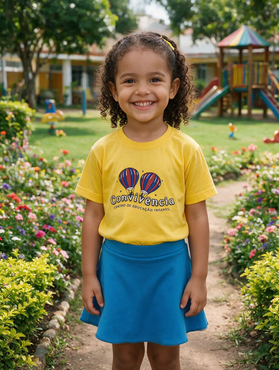 Menina com camiseta amarela e short-saia azul da Convivência