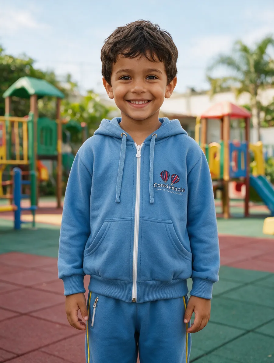 Menino com moletom azul com zíper e calça da Convivência