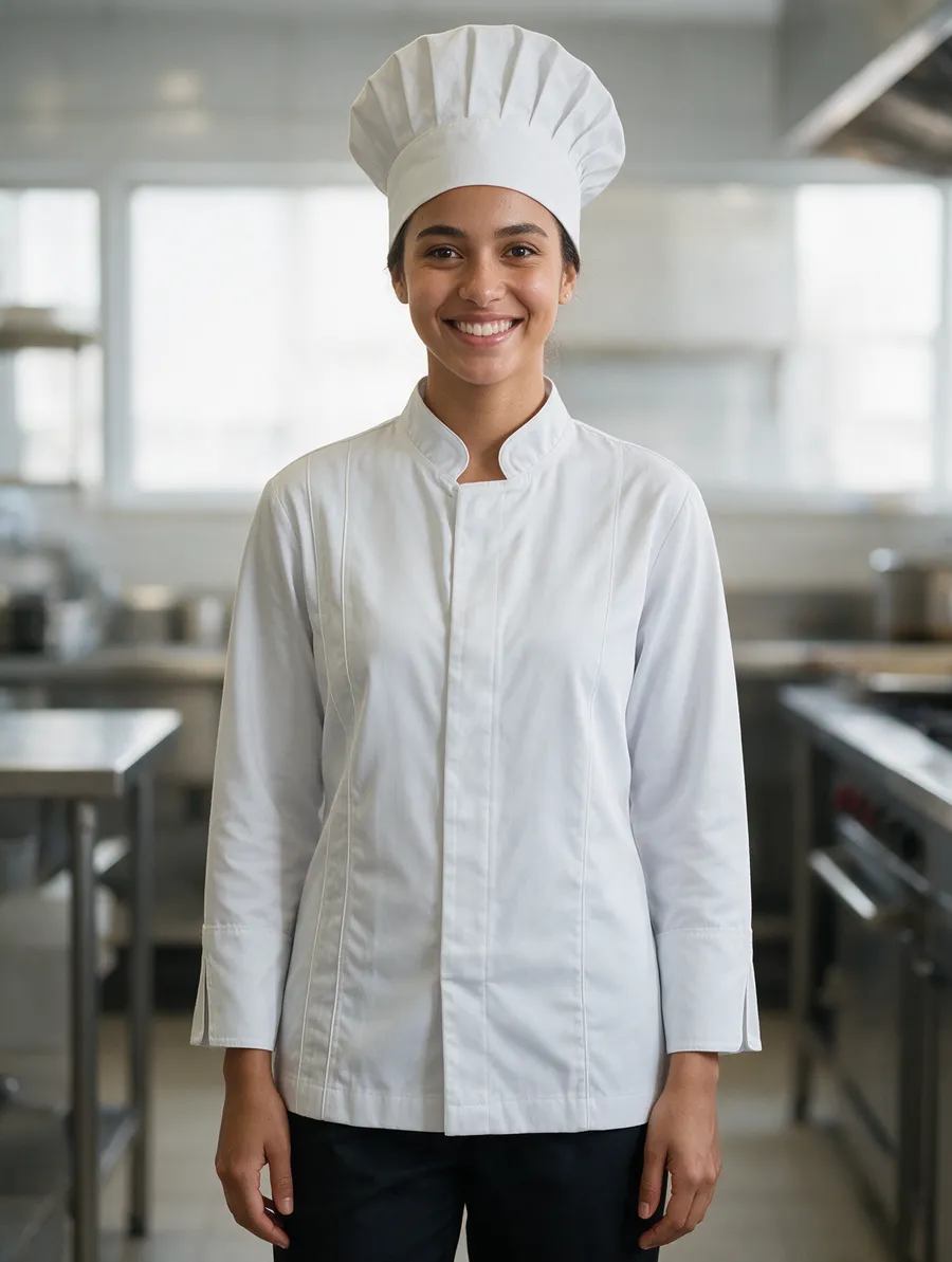 Cozinheira com dólmã branca, chapéu de chef e calça preta