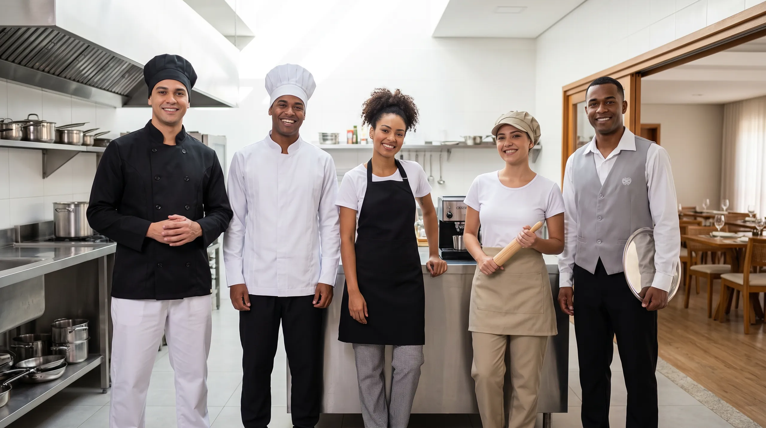 Equipe de restaurante uniformizada na cozinha: dólmãs, aventais e colete de garçom