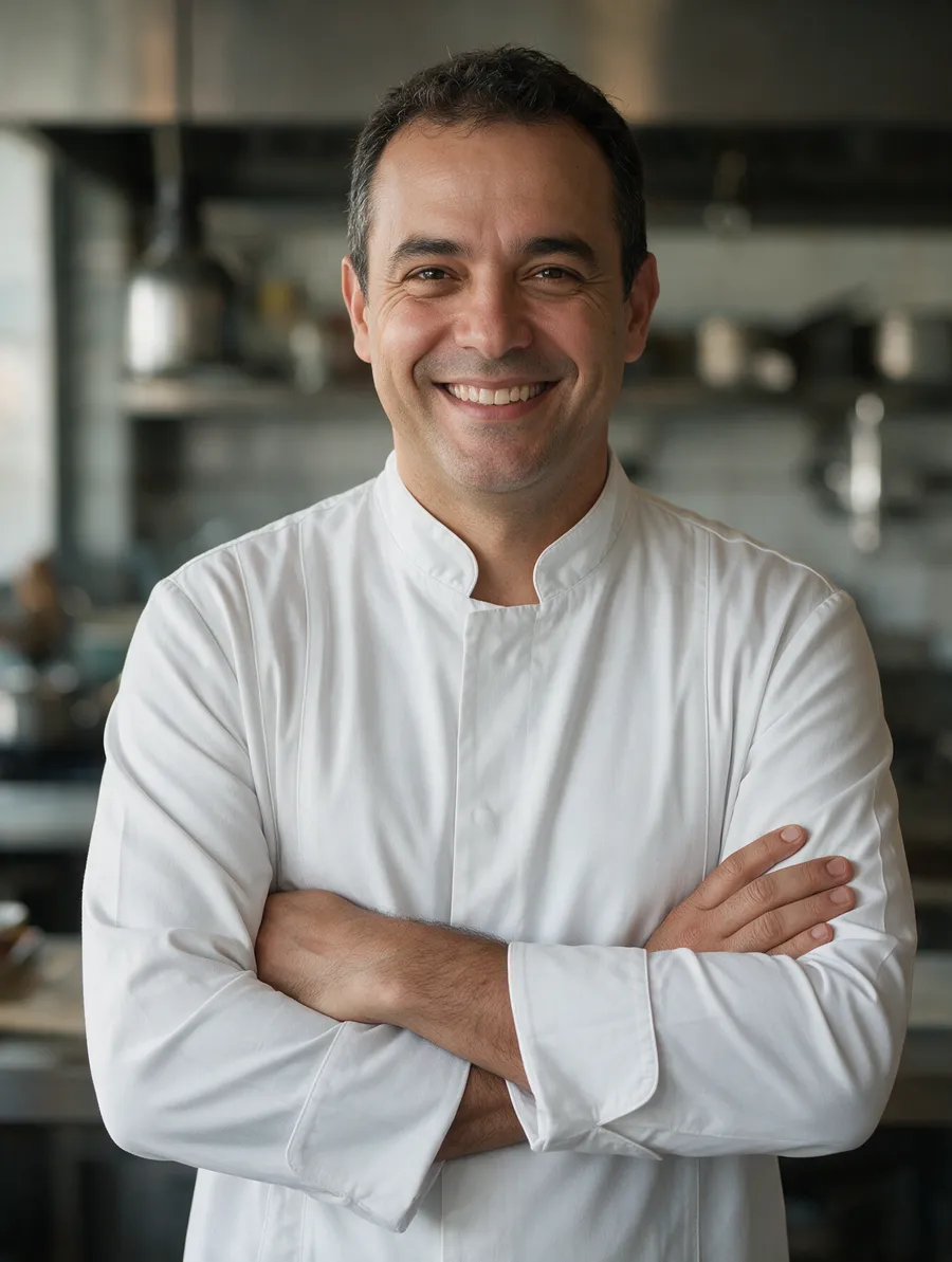 Chef e proprietário de restaurante com dólmã branca