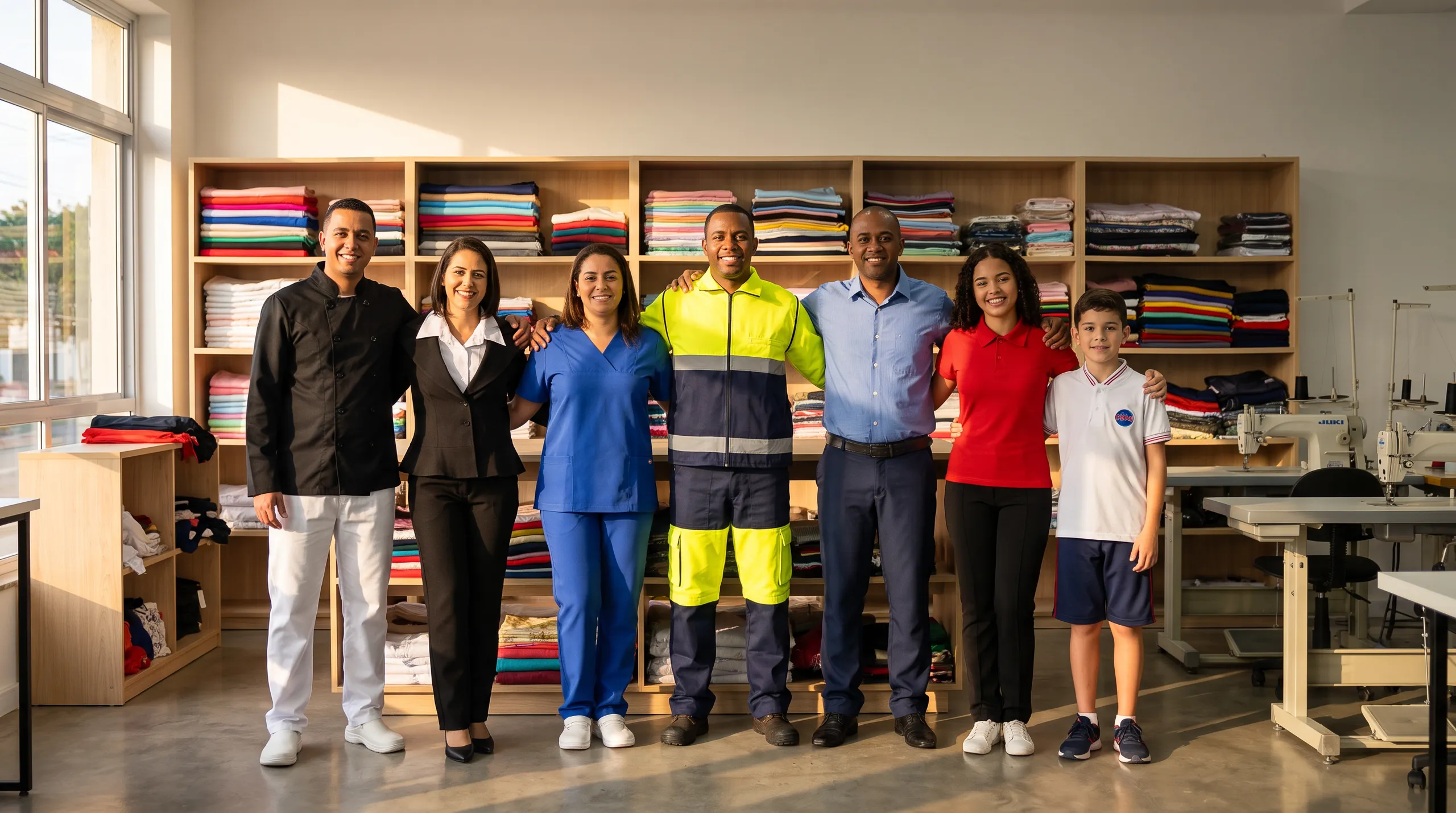 Equipe com uniformes Andra de sete segmentos no ateliê: dólmã, blazer de recepção, scrub, jaqueta de alta visibilidade, camisa social, polo baby look e uniforme escolar