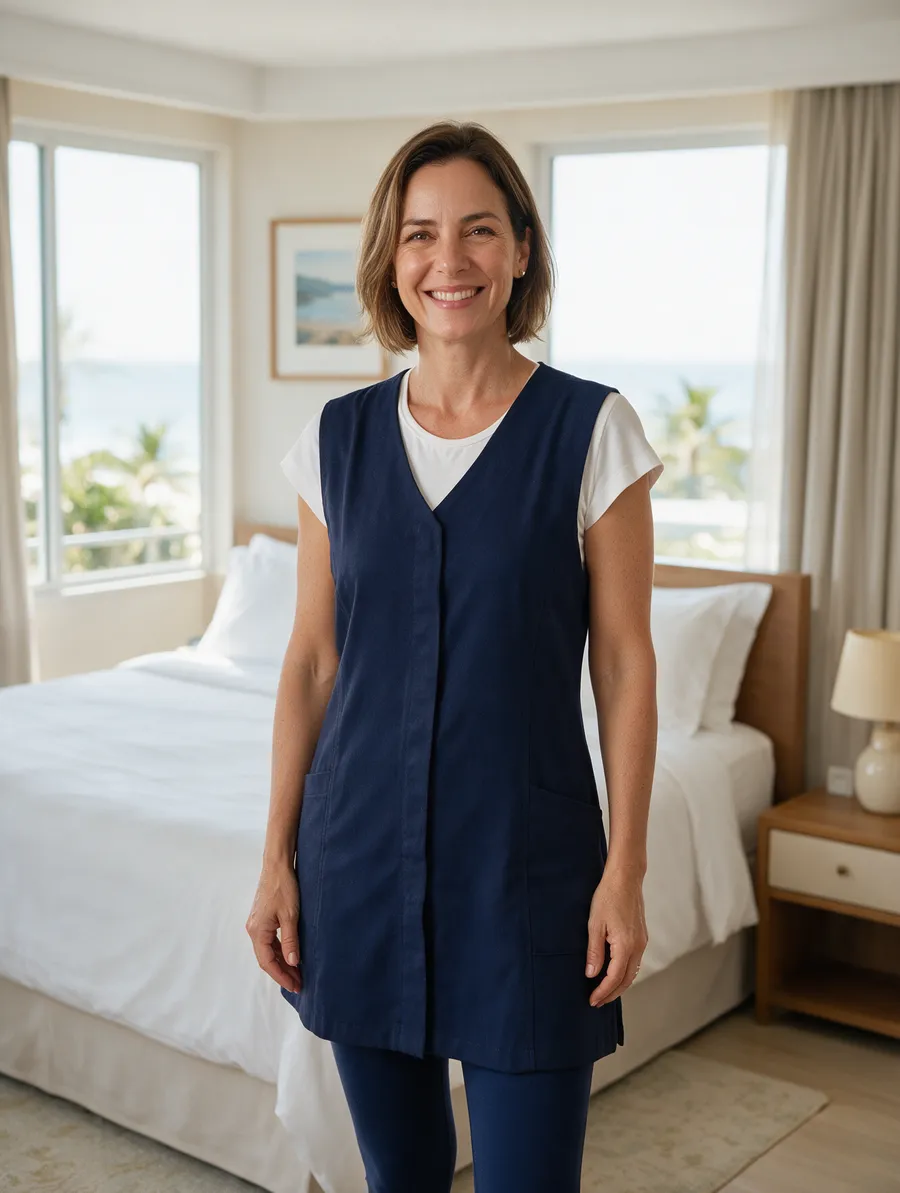 Camareira com jaleco sem manga azul-marinho sobre baby look branca, num quarto de hotel