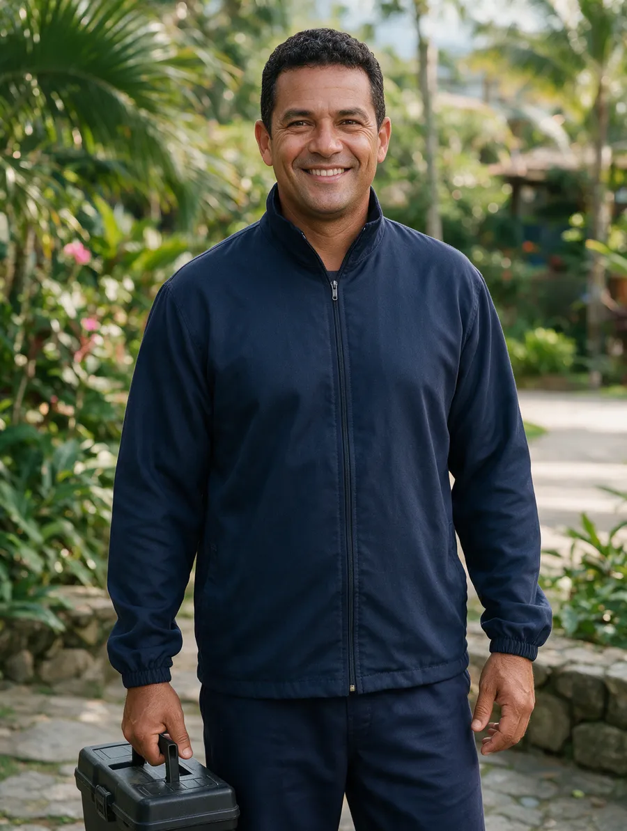Técnico de manutenção com jaqueta e calça azul-marinho