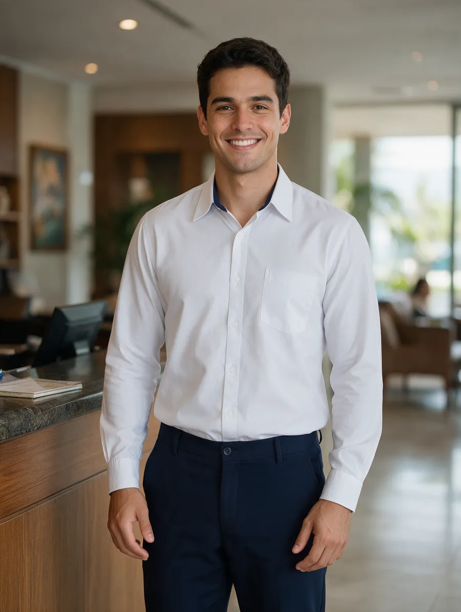 Recepcionista de hotel com camisa social branca com detalhes azul-marinho na gola e nos punhos