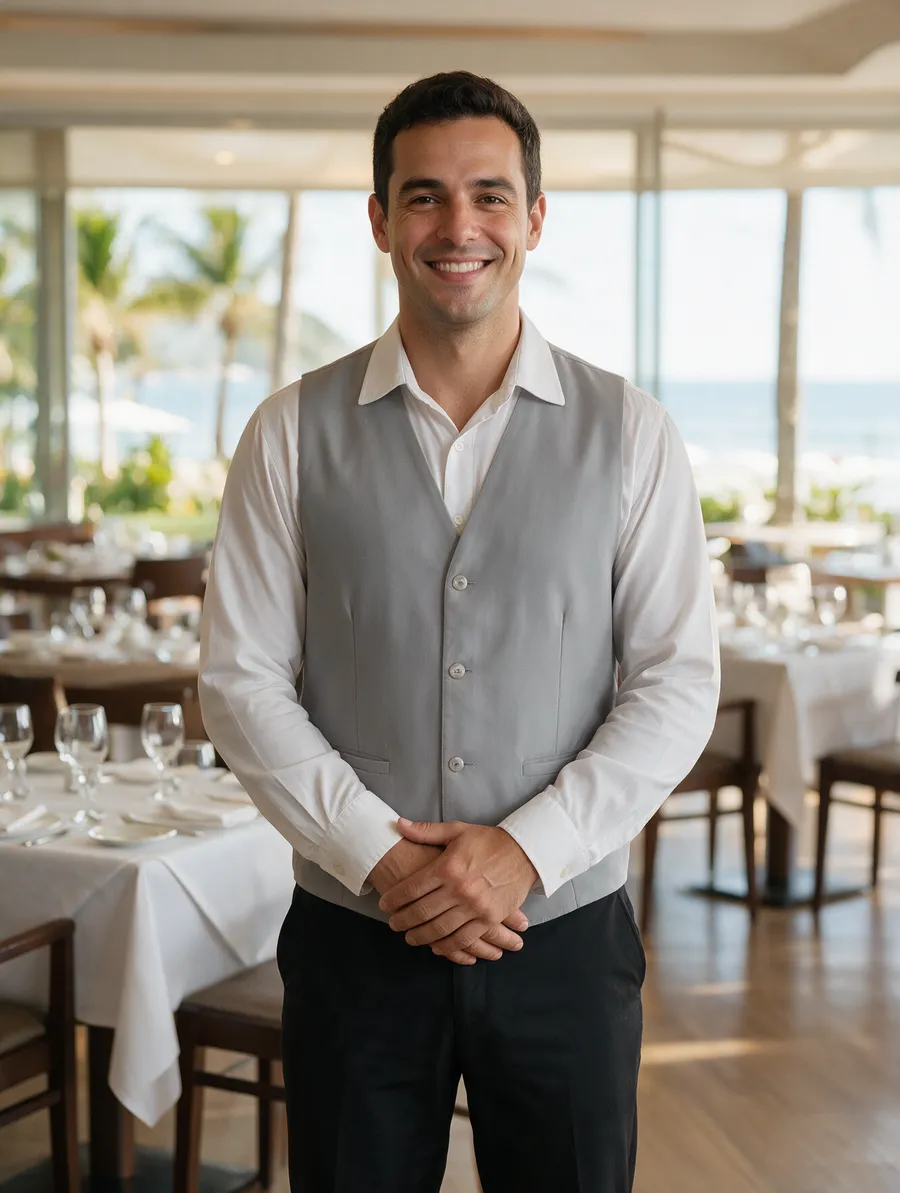 Garçom de hotel com camisa branca, colete cinza e calça preta