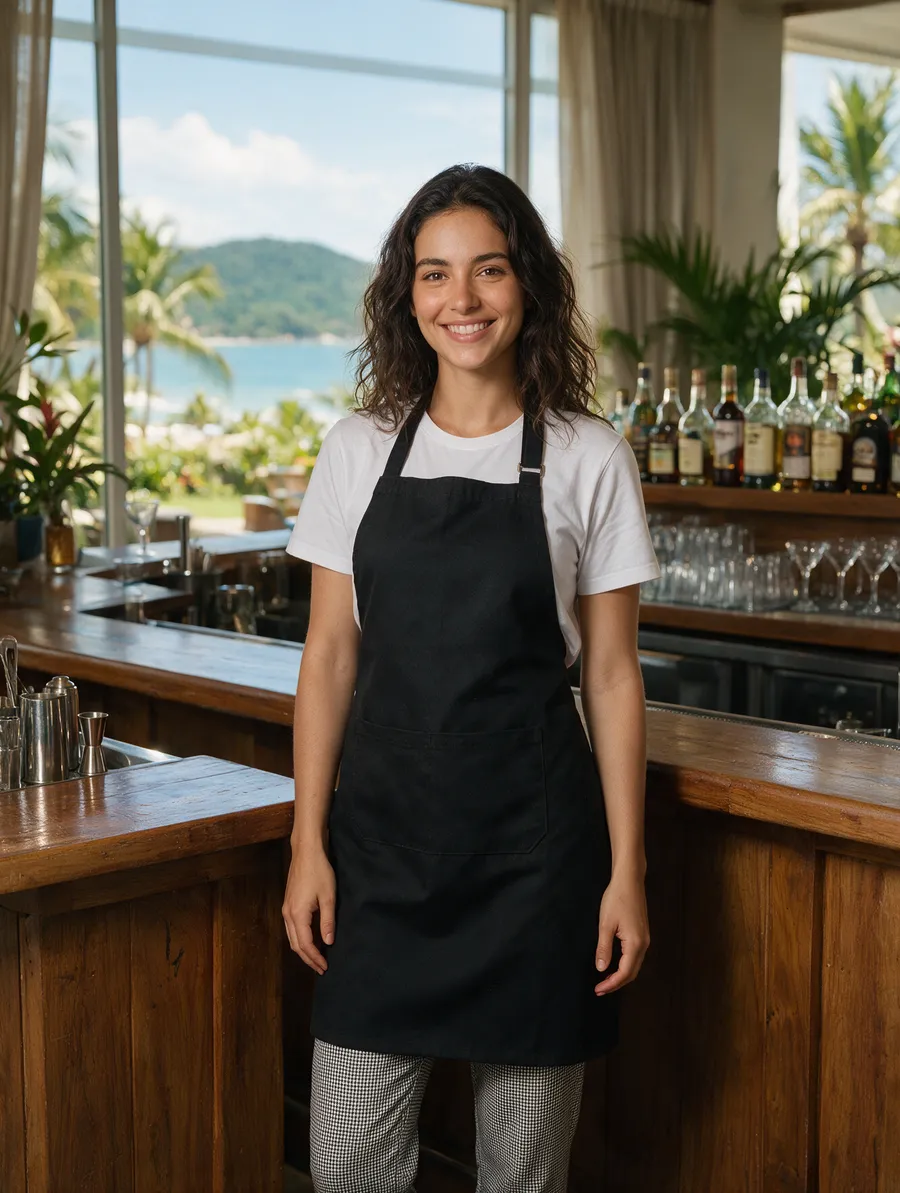 Bartender com avental preto, camisa branca e calça pied-de-poule