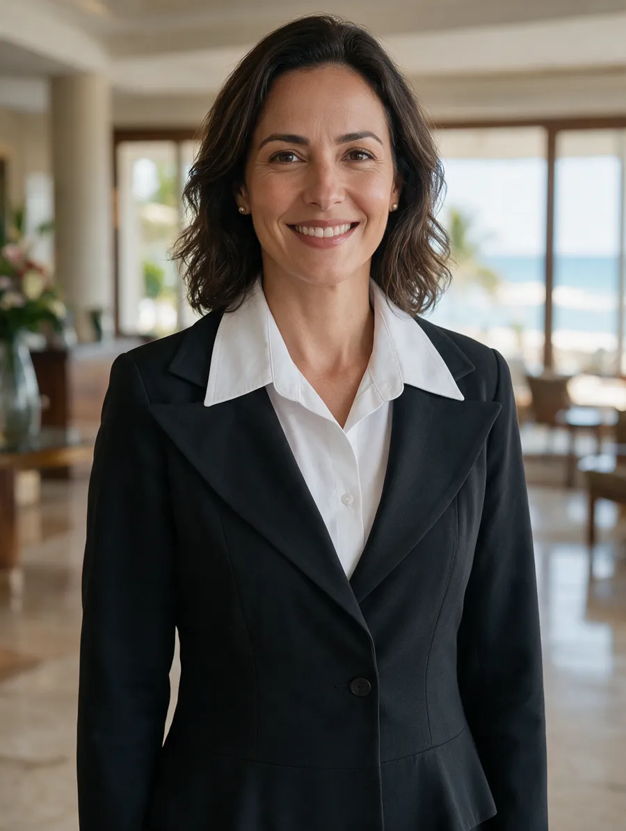 Gerente de hotel com blazer preto e camisa branca