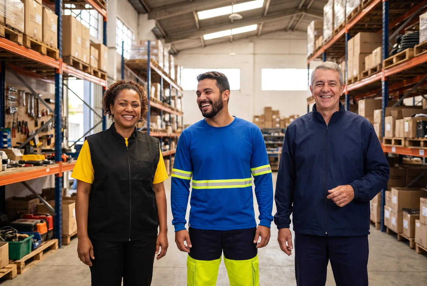 Equipe de logística e indústria uniformizada num galpão