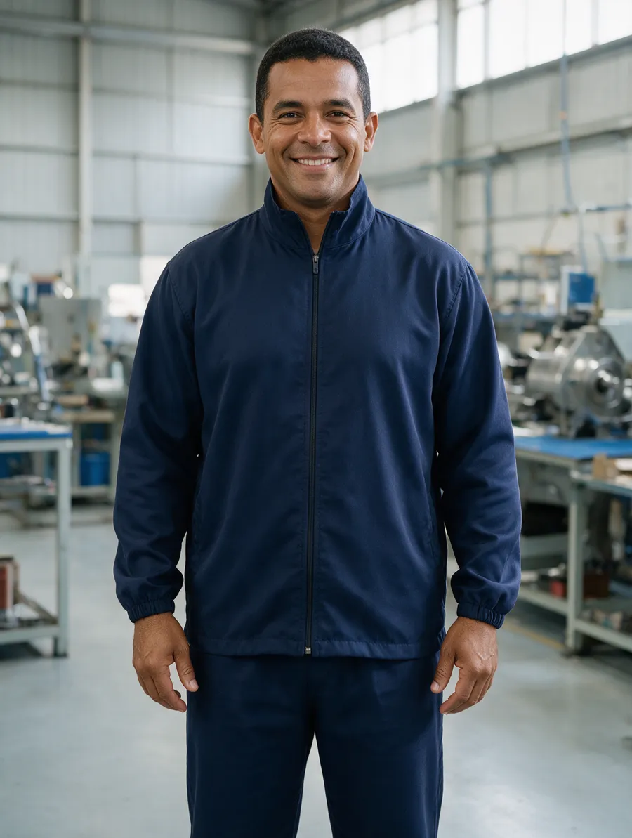 Operário com jaqueta e calça azul-marinho numa fábrica