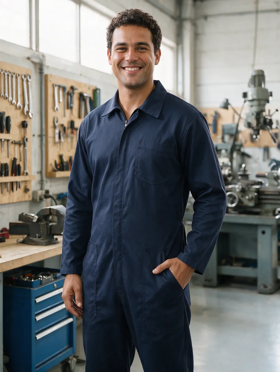 Técnico de manutenção com macacão azul-marinho de manga longa