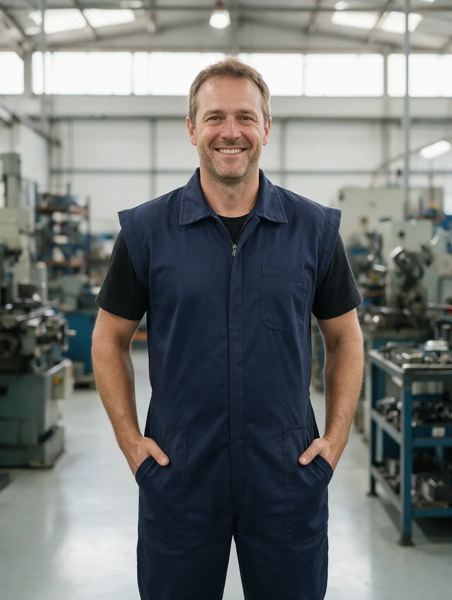 Operário com macacão azul-marinho com as mangas destacadas, sobre camiseta preta