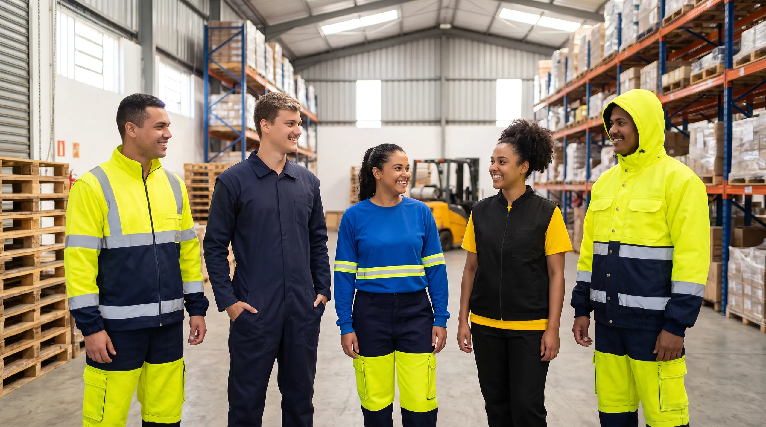 Equipe industrial uniformizada num galpão: jaquetas de alta visibilidade, macacão, camisa com faixa refletiva e colete