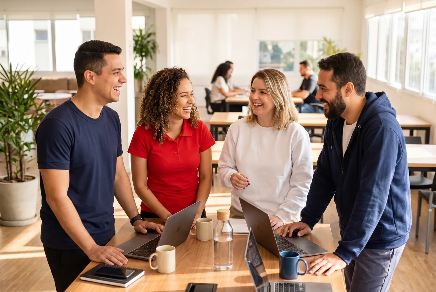 Equipe num coworking com camiseta, polo baby look, blusão e moletom com zíper