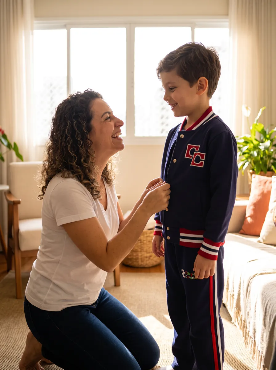 Mãe fechando o casaco americano do uniforme do filho antes da escola