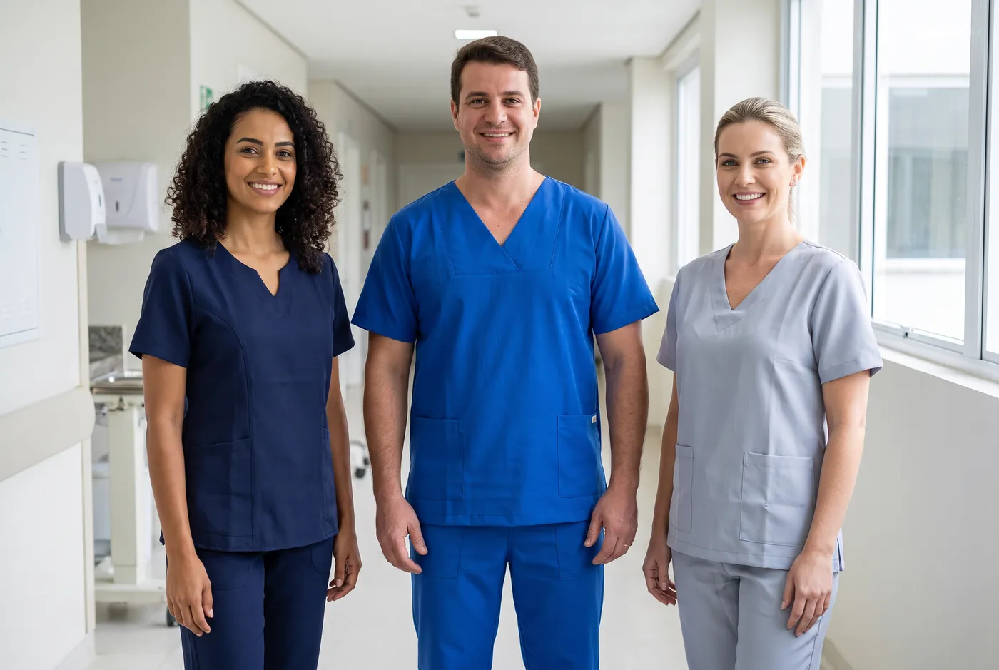 Profissionais de saúde com scrubs de cores diferentes por setor