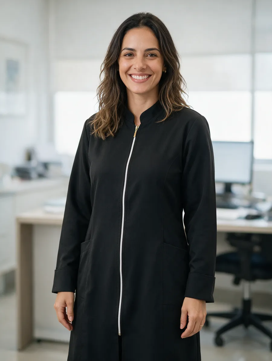 Dentista com jaleco preto longo com zíper branco num consultório