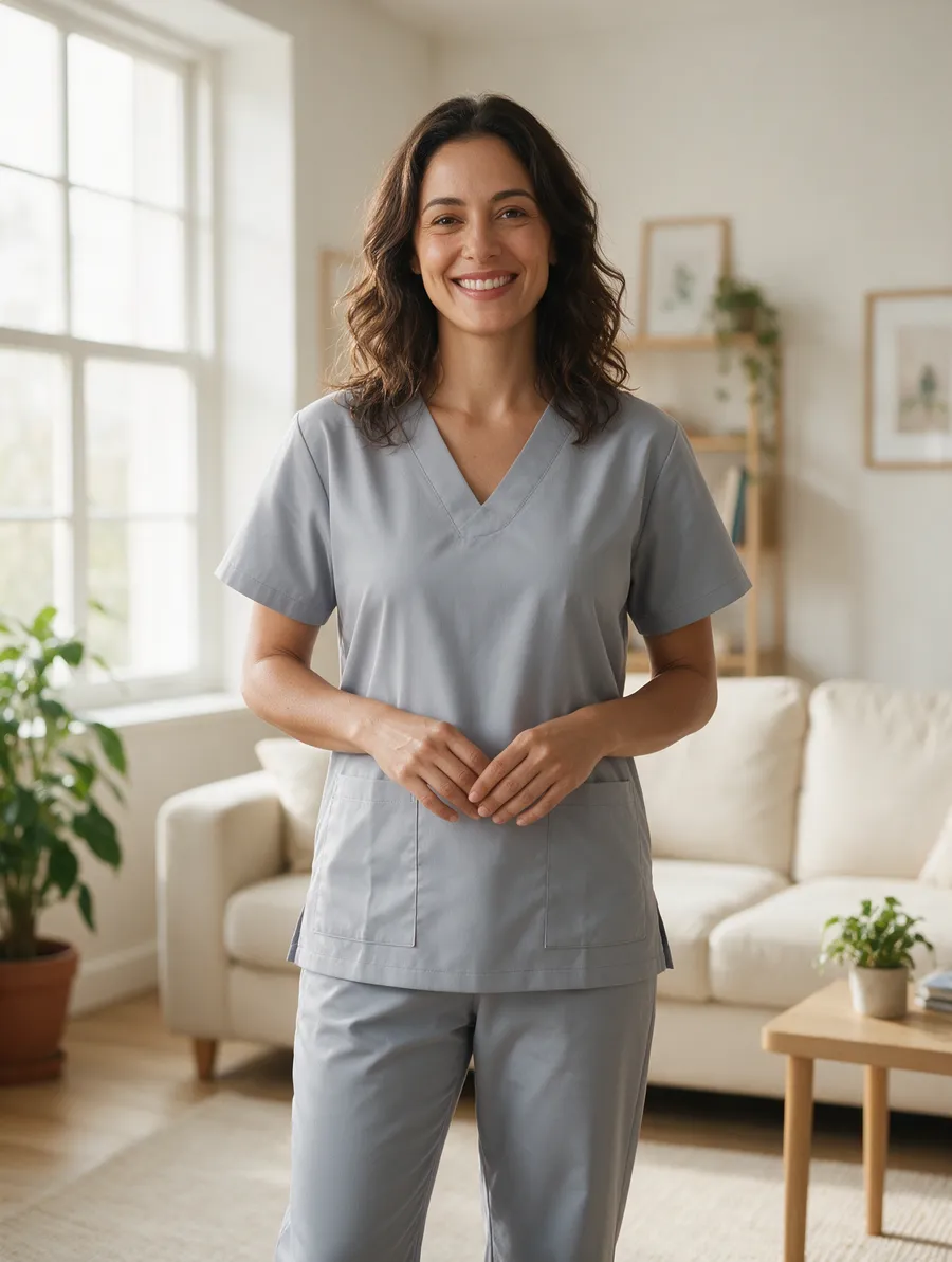 Cuidadora com scrub cinza de gabardine numa sala de estar