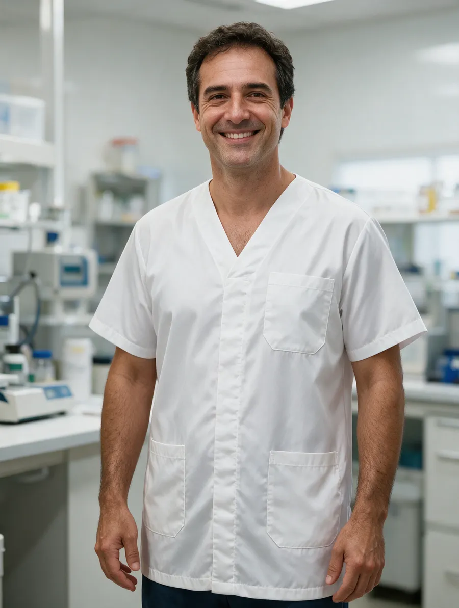 Farmacêutico com jaleco branco de manga curta