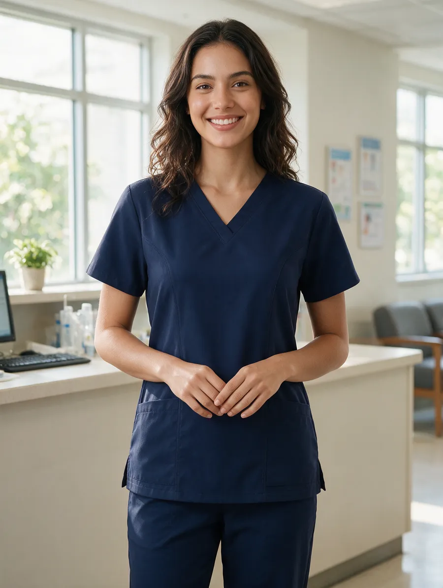 Enfermeira com scrub azul-marinho