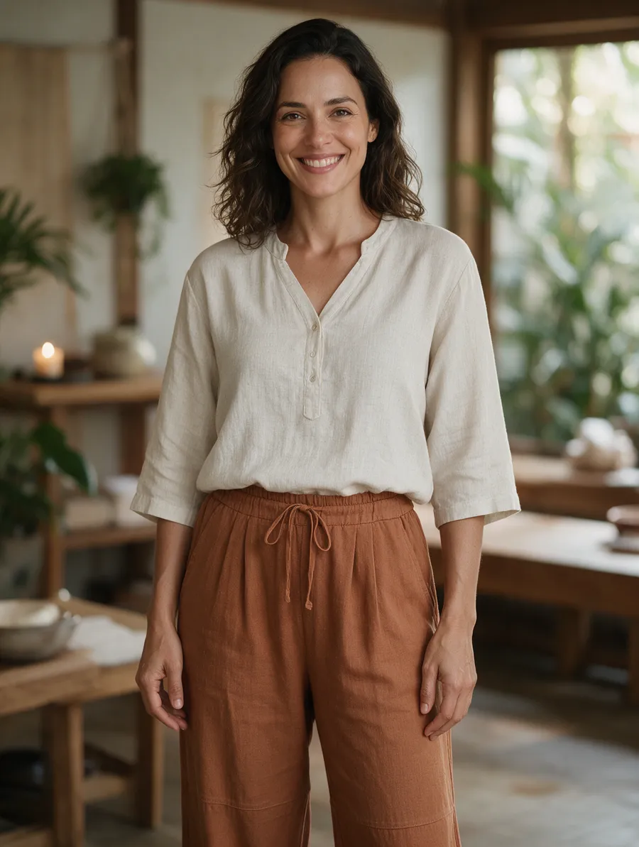 Terapeuta de spa com blusa de linho off-white e calça de linho terracota