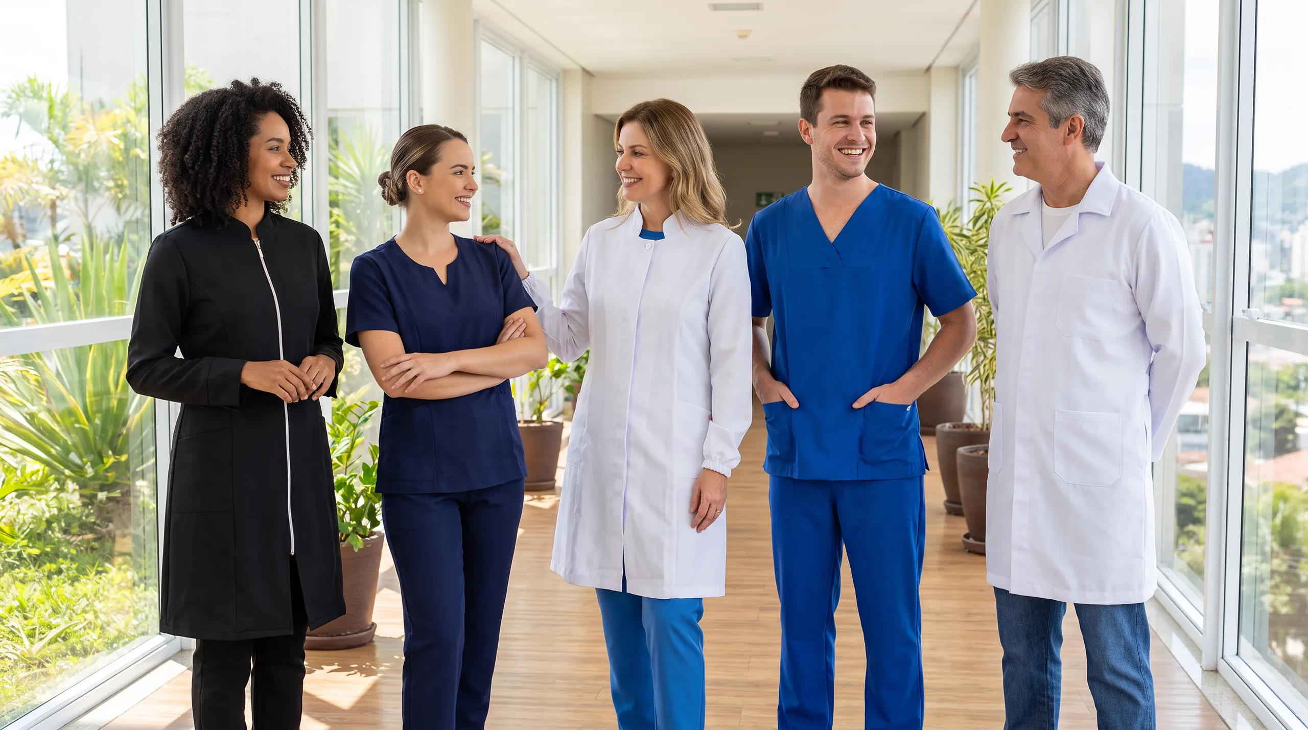 Equipe de saúde uniformizada num corredor de hospital: jalecos e scrubs