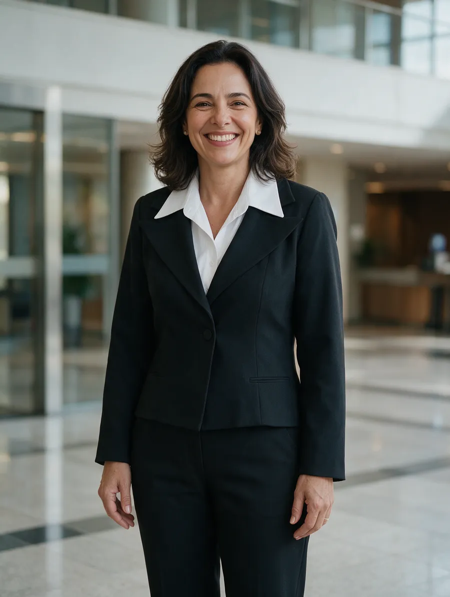 Mulher com blazer preto, camisa branca e calça preta