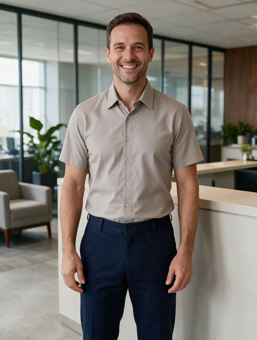 Homem com camisa social de manga curta e calça azul-marinho