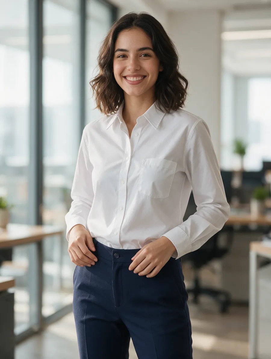 Mulher com camisete branca e calça social azul-marinho