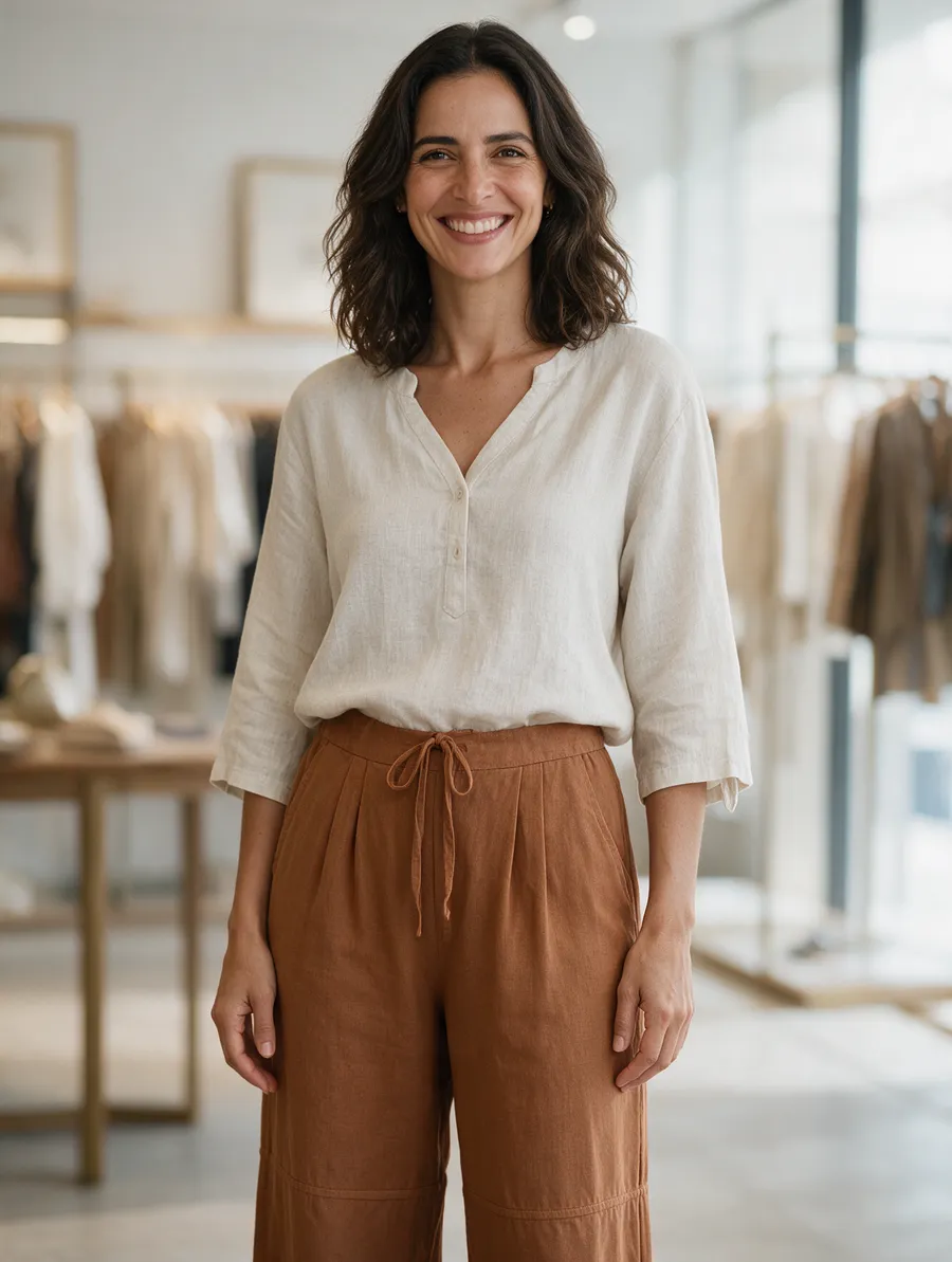 Mulher com blusa de linho off-white e calça de linho terracota