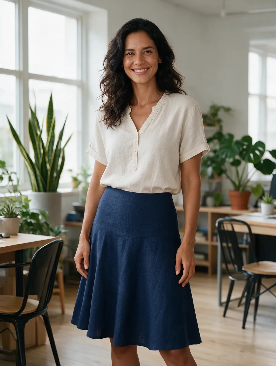 Mulher com blusa de linho de manga curta e saia godê azul-marinho