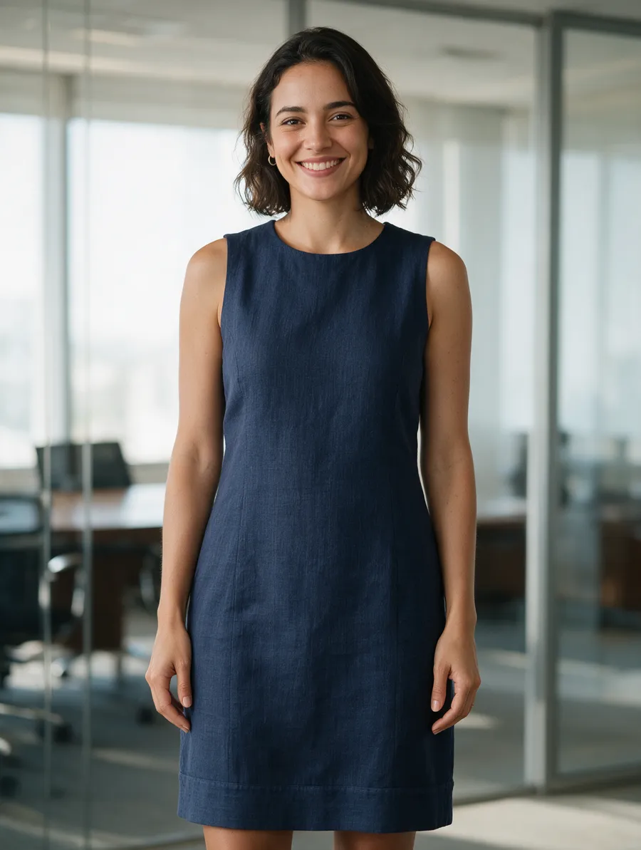 Mulher com vestido azul texturizado sem manga