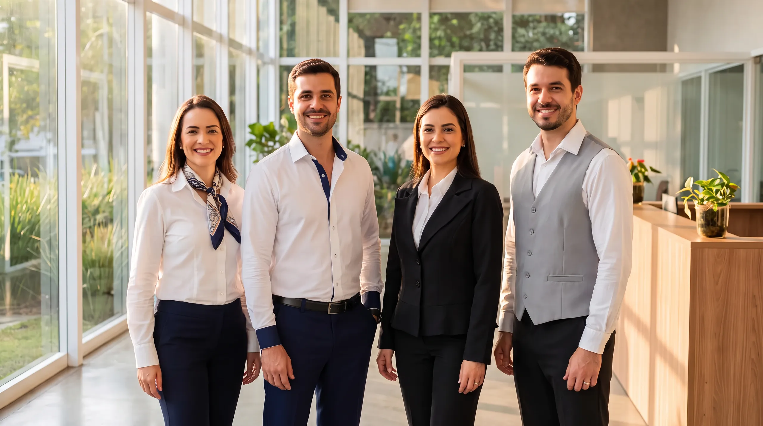 Equipe de escritório com uniformes sociais: camisa com lenço, camisa branca, blazer e colete